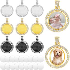 Hicarer 27 Pcs Sublimation Jewelry Mother's Day Gift Wedding Blank Rhinestone Pendant Tray Set Include 9 Round 25mm Double Sided Blank Rhinestone Bezel Tray with 18 Sublimation Blank Discs