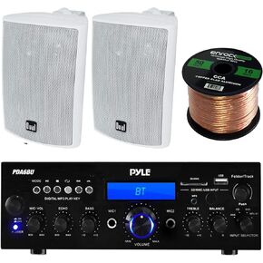 Pyle PDA6BU Amplifier Receiver Stereo, Bluetooth, AM/FM Radio, USB Flash Reader, Aux input LCD Display, 200 Watt With Dual LU43PW Indoor/Outdoor Speakers Bundle With Enrock 50ft 16g Speaker Wire