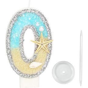 Birthday Number Candle, Starfish Glitter Sequins Number Candle, Sea Ocean Beach Themed Numeral Birthday Candles (Number 0)
