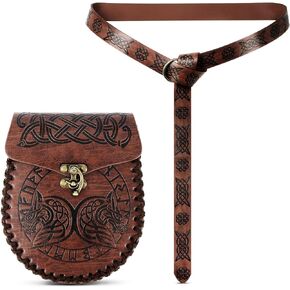 2pcs Leather Belt Pouch Set, Viking Belt Pouch with a Medieval Belt and a Renaissance Bag with Wolf Totem Renaissance Accessories for Party Festival Cosplay (Brown)