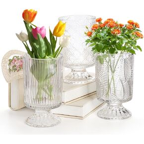 3 Pack Glass Vase, Embossed Big Base Vase, Vintage Crystal Clear Flower Vases, Decorative Hydroponic Plant Vase for Wedding, Party, Office, Home, Boho Style Decoration