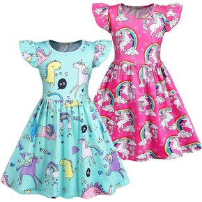 AmzBarley Girls Unicorn Dress Rainbow Animal Cartoon Swing Dresses Mermaid Fish Scale Casual Outfits 3-10Years