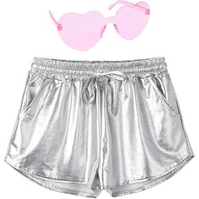 Women's Metallic Shorts with Heart Sunglasses Shiny Hot Shorts Shiny Metallic Pants Sparkly Dance Short Elastic Drawstring (Small)