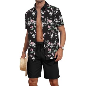 YTD Men's 2 Piece Outfits Tropical Print Short Sleeve Button Down Hawaiian Shirt and Beach Shorts Set