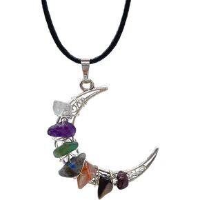 7 Chakra Crystal Healing Stone Crystal Moon Necklace,Wire Wrapped Healing Crystal Necklace Natural Resin Reiki Chakra Necklace for Women Creative Birthday Gift/Energy Gift (Gravel, Stainless Steel)