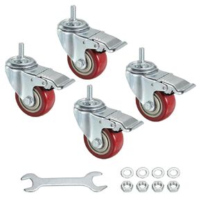 uxcell 3 Inch Swivel Threaded Stem Casters 3/8"-16UNC Thread PU Caster Wheel with Brake 88lbs Load for Furniture Carts, Red 4pcs