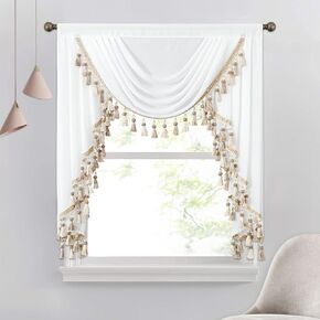 VOGOL Luxury Vintage Style Waterfall Valance, 1 Panel Soft Touch Silky Curtain with 2 Swags, 59 Inches Wide View Reducing Decorative Window Gauze for Farmhouse, Light Blue