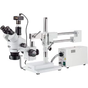 AmScope SM-4TZ-FOR-10M Digital Professional Trinocular Stereo Zoom Microscope, WH10x Eyepieces, 3.5X-90X Magnification, 0.7X-4.5X Zoom Objective, Fiber-Optic Ring Light, Double-Arm Boom Stand, 110V-120V, Includes 0.5X and 2.0X Barlow Lenses and 10MP Camer