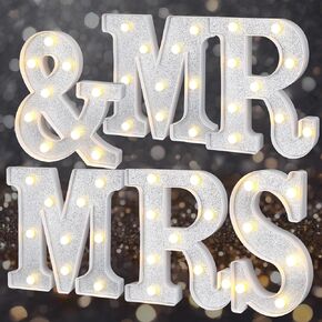 VIHOSE 6 Pcs Glitter MR & MRS Light Up Letters Glitter Shiny Letter Lights Mr and Mrs Sign Wedding Party Decor Battery Operated Wedding Table Wall Decor Shiny Alphabet Sign Gifts(Silver)