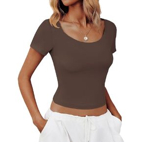 Sherosa Womens Crop Tops Scoop Neck Short Sleeve T Shirts Double Lined Slim Fit Basic Tees Y2k Shirts