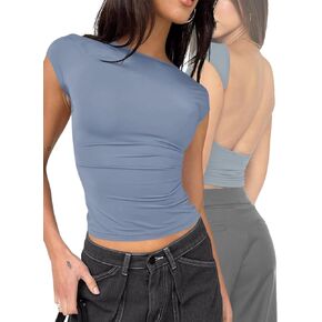 Womens Sexy Backless Crop Top Low Open Back Short Sleeve Slim Fit Summer Y2k Going Out T-Shirts 2024