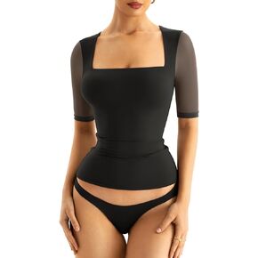 Womens Square Neck Half Sleeve Tops Double Lined Mesh T Shirts Basic Fitted Tees 2024