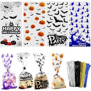Hifunwu 120 PCS Halloween Cellophane Bags Halloween Treat Bags with Ties Trick or Treat Bags for Candy Cookie Goodies Gift Favor Halloween Party Supplies