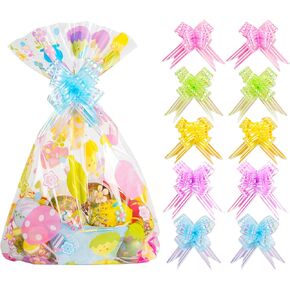 Kolewo4ever 20pcs Basket Bags Pull Bow Set 10 Pieces Easter Cellophane Wrap Plastic Bag 10 Pieces Easter Theme Pull Bow for Gifts Baskets Party Festivals (12x18 inch)