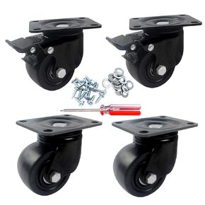2.5 Inch Heavy Duty Plate Casters, DICASAL 1500 Lbs Load Capacity Durable Nylon Castors Wheels 360 Degree Top Plate for Workbench Working Cart Trolley and Furnitures (2 with Brakes and 2 wihtout)