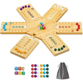 Marble Board Game, Wooden Board Game for 2-6 Players, Portable Fast Track Board Game with 24 Marbles & 6 Dice for Family Friends, Party Game Night