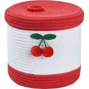 SHIANCE&LI Storage Round Baskets with Lids - Cotton Rope Woven Gift Decorative Cute Baskets with Lids - For Organizing Baby Toys Bathroom Nursery Storage Bins With Cherry(White&Red)