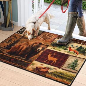 ASPMIZ Farmhouse Area Rug 5x7, Buffalo Plaid Lodge Bear Moose Deer Living Room Rugs Washable, Rustic Cabin Wildlife Bedroom Throw Rugs Non Slip Floor Carpet Large Brown, Vintage Country Home Decor
