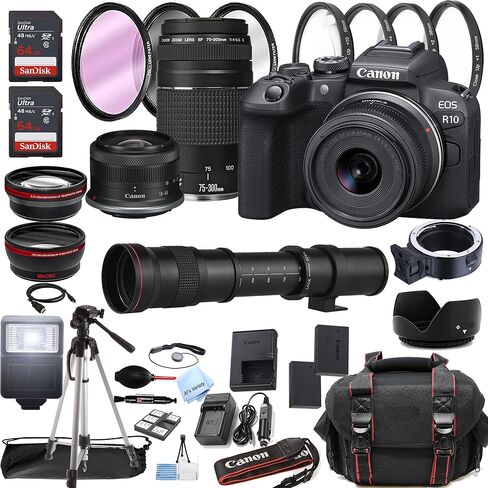 كاميرا Canon EOS R10 الرقمية بدون مرآة مع RF-S مقاس 18-45 مم هي عدسة STM + عدسة 75-300 مم + عدسة Super Telephoto مقاس 420-800 مم + ذاكرة سعة 128 جيجابايت + حافظة + حامل ثلاثي القوائم + مرشحات (حزمة 45 قطعة) (متجددة) in Saudi Arabia