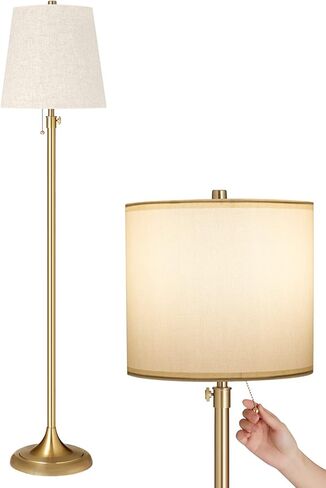 Meisoda Gold Floor Lamp, 9W 3 CCT Dimmable Standing Lamp with 2 Linen Lamp Shades and Pull Chain for Living Room, Bedroom, Office, 58" to 65" Adjustable Height, Modern Brushed Bronze Design in Kuwait