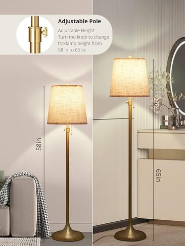 Meisoda Gold Floor Lamp, 9W 3 CCT Dimmable Standing Lamp with 2 Linen Lamp Shades and Pull Chain for Living Room, Bedroom, Office, 58" to 65" Adjustable Height, Modern Brushed Bronze Design in Kuwait