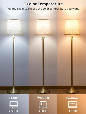 Meisoda Gold Floor Lamp, 9W 3 CCT Dimmable Standing Lamp with 2 Linen Lamp Shades and Pull Chain for Living Room, Bedroom, Office, 58" to 65" Adjustable Height, Modern Brushed Bronze Design in Kuwait
