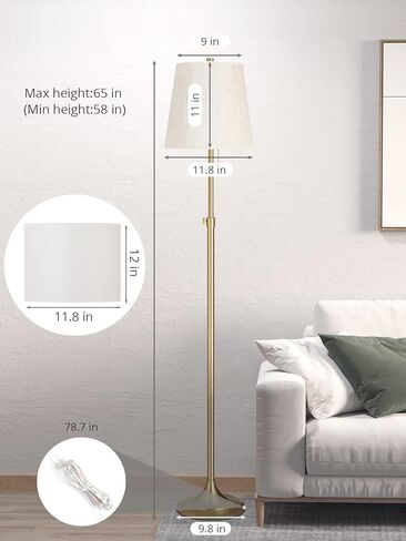 Meisoda Gold Floor Lamp, 9W 3 CCT Dimmable Standing Lamp with 2 Linen Lamp Shades and Pull Chain for Living Room, Bedroom, Office, 58" to 65" Adjustable Height, Modern Brushed Bronze Design in Kuwait