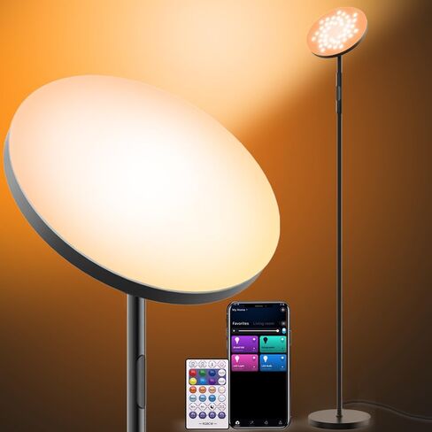 Smart RGB Floor Lamp 24W/2000LM Standing Bright Tall LED Sky Floor Lamp with Remote Dimmable Color Changing Modern Black Pole Touch Control Torchiere Stand Up Lamp Warm for Living Room Bed Room Office in Saudi Arabia