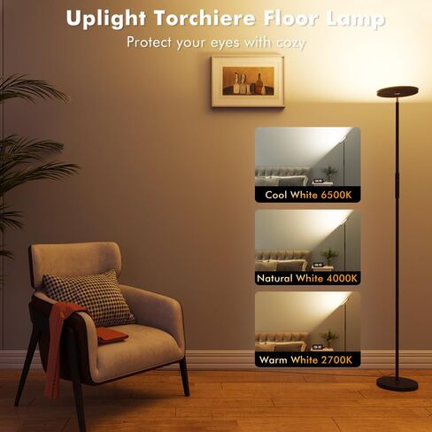 Smart RGB Floor Lamp 24W/2000LM Standing Bright Tall LED Sky Floor Lamp with Remote Dimmable Color Changing Modern Black Pole Touch Control Torchiere Stand Up Lamp Warm for Living Room Bed Room Office in Saudi Arabia