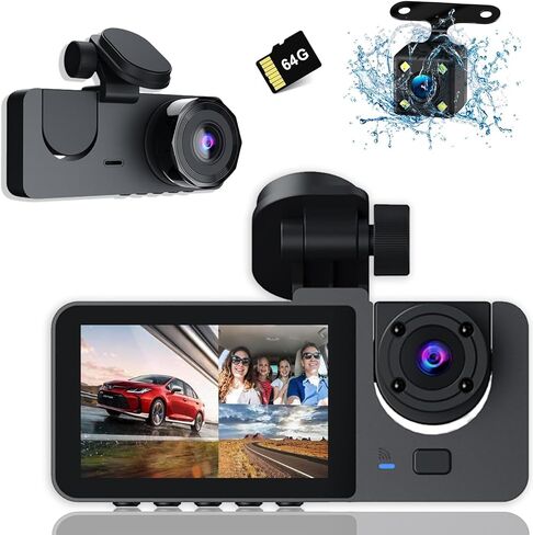كاميرا داش كام، كاميرا داش كام ثلاثية القنوات أمامية وخلفية من الداخل، كاميرا لوحة قيادة بزاوية واسعة 1080 بيكسل كاملة الوضوح 170 درجة مع بطاقة 64 جيجابايت، مع رؤية ليلية بالأشعة تحت الحمراء، شاشة IPS مقاس 2 بوصة، مستشعر G، تسجيل حلقي in Kuwait