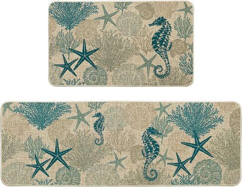 Artoid Mode Seahorses Whelks Coral Starfish Summer Kitchen Mats مجموعة من 2، ديكور المنزل سجاد مطبخ منخفض المستوى للأرضية - 17x29 و17x47 بوصة in Saudi Arabia