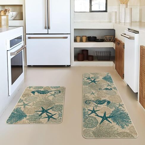 Artoid Mode Seahorses Whelks Coral Starfish Summer Kitchen Mats مجموعة من 2، ديكور المنزل سجاد مطبخ منخفض المستوى للأرضية - 17x29 و17x47 بوصة in Saudi Arabia
