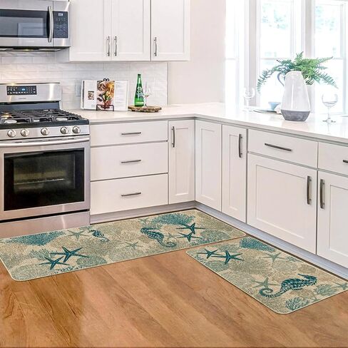 Artoid Mode Seahorses Whelks Coral Starfish Summer Kitchen Mats مجموعة من 2، ديكور المنزل سجاد مطبخ منخفض المستوى للأرضية - 17x29 و17x47 بوصة in Saudi Arabia