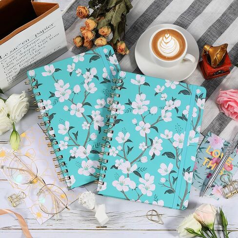 دفتر يوميات/دفتر ملاحظات مسطر - مجلة مسطرة بورق سميك ممتاز، 6.3 بوصة × 8.4 بوصة، غلاف مقوى مع جيب خلفي + ربط بسلك مزدوج - زهور باللون الأزرق المخضر in Kuwait