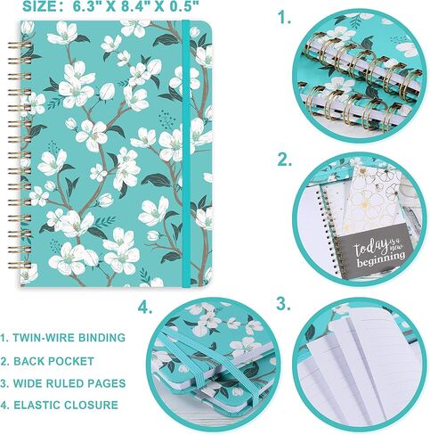 دفتر يوميات/دفتر ملاحظات مسطر - مجلة مسطرة بورق سميك ممتاز، 6.3 بوصة × 8.4 بوصة، غلاف مقوى مع جيب خلفي + ربط بسلك مزدوج - زهور باللون الأزرق المخضر in Kuwait