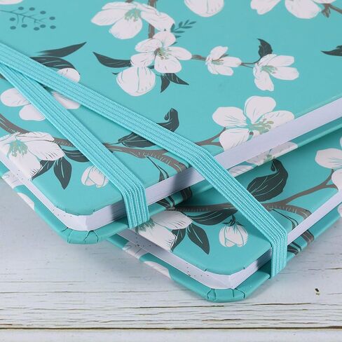 دفتر يوميات/دفتر ملاحظات مسطر - مجلة مسطرة بورق سميك ممتاز، 6.3 بوصة × 8.4 بوصة، غلاف مقوى مع جيب خلفي + ربط بسلك مزدوج - زهور باللون الأزرق المخضر in Kuwait