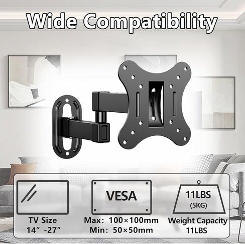 حامل تلفزيون كامل الحركة لمعظم أجهزة تلفزيون وشاشات LCD LED مقاس 14-27 بوصة، حامل تلفزيون بأذرع مفصلية واحدة مع الحد الأقصى VESA 100 × 100 مم، يحمل ما يصل إلى 11 رطل، دعم حامل التلفزيون دوار، إمالة، تعديل المستوى in Kuwait