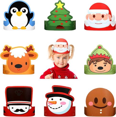 Skylety 40 Pieces Christmas Paper Crown Party Hats for Kids Adjustable Paper Crown Hat Headbands Santa Elf Reindeer Snowmen Gingerbread Man Nutcracker Tree Penguin for Christmas Party Classes Game in Saudi Arabia