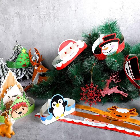Skylety 40 Pieces Christmas Paper Crown Party Hats for Kids Adjustable Paper Crown Hat Headbands Santa Elf Reindeer Snowmen Gingerbread Man Nutcracker Tree Penguin for Christmas Party Classes Game in Saudi Arabia