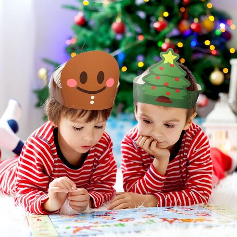 Skylety 40 Pieces Christmas Paper Crown Party Hats for Kids Adjustable Paper Crown Hat Headbands Santa Elf Reindeer Snowmen Gingerbread Man Nutcracker Tree Penguin for Christmas Party Classes Game in Saudi Arabia