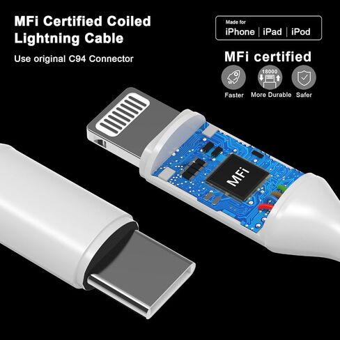 [Apple MFi Certified] Coiled USB C to Lightning Cable, 2 Pack 6FT iPhone Fast Charger Cord for Car, Short Retractable iPhone Fast Charger Cable for iPhone 14 13 12 11 XS XR X 8 7 iPad CarPlay, White in Saudi Arabia
