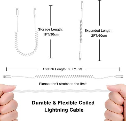 [Apple MFi Certified] Coiled USB C to Lightning Cable, 2 Pack 6FT iPhone Fast Charger Cord for Car, Short Retractable iPhone Fast Charger Cable for iPhone 14 13 12 11 XS XR X 8 7 iPad CarPlay, White in Saudi Arabia