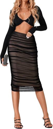 Women's Mesh Ruched Bodycorn Elastic High Waist Slim Fit Midi Skirt in Saudi Arabia