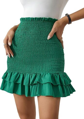 WDIRARA Women's Shirred High Waist Layered Ruffle Hem Skirt Bodycon Casual Mini Skirt in Saudi Arabia