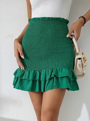 WDIRARA Women's Shirred High Waist Layered Ruffle Hem Skirt Bodycon Casual Mini Skirt in Saudi Arabia