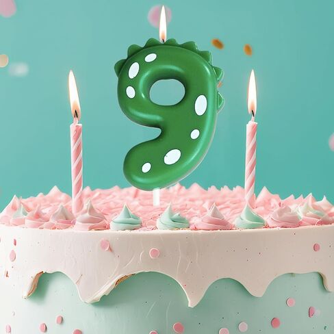 Birthday Number Candles - Number 9 Birthday Candle Green Dinosaur Cartoon Candle for Kids Baby 9th Birthday Party Decoration in Kuwait