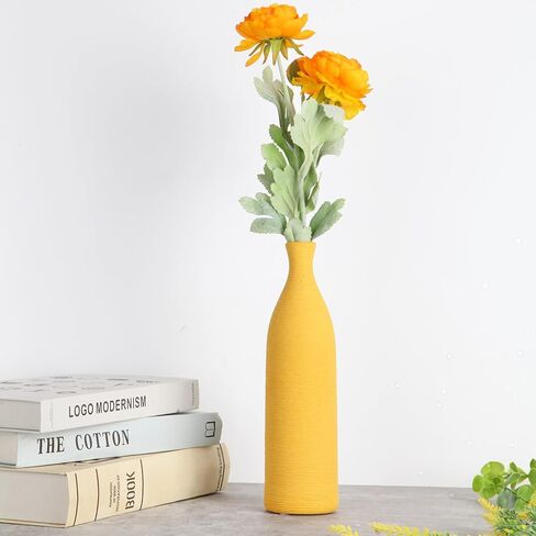 Cute Slender Narrow Neck Ceramic Flower Vase, Skinny Bud Vases for Living Room, Kitchen, Bathroom, Desk and Shelf Decor, Unique Vases for Table Centerpieces Decorations (Yellow Brushed) in Saudi Arabia