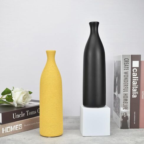 Cute Slender Narrow Neck Ceramic Flower Vase, Skinny Bud Vases for Living Room, Kitchen, Bathroom, Desk and Shelf Decor, Unique Vases for Table Centerpieces Decorations (Yellow Brushed) in Saudi Arabia