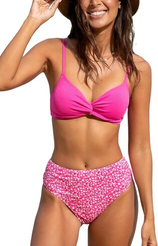 CUPSHE Women's Bikini Sets Two Piece Bathing Suit V Neck Mid Rise Self Tie Straps Ribbed Twist in Saudi Arabia