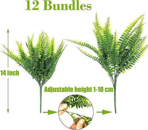 نباتات صناعية، 12 حزمة وهمية من نباتات السرخس بوسطن الخضراء المقاومة للأشعة فوق البنفسجية في الهواء الطلق وزهور بلاستيكية داخلية وخارجية معلقة لديكور المنزل والحديقة in Kuwait
